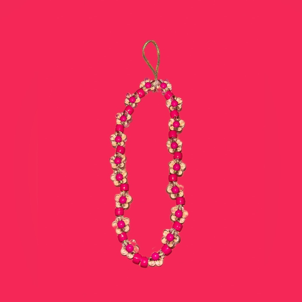 Pink Flower Beaded Phone Charm Bracelet